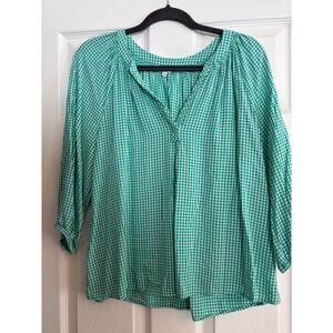 Crown Ivy Green White Gingham Plaid Peasant Blouse Top Sz Large